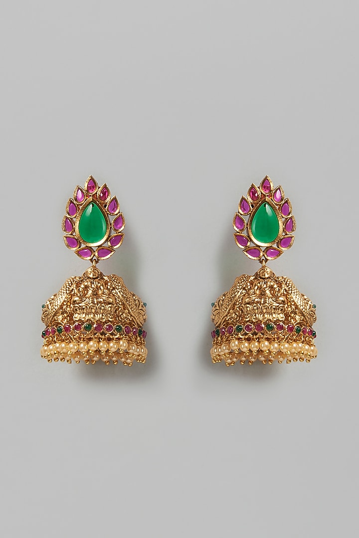 Gold Finish Synthetic Stone Temple Jhumka Earrings by VASTRAA Jewellery at Pernia's Pop Up Shop