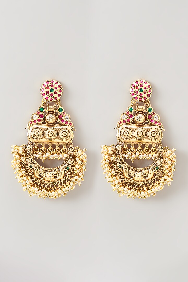 Gold Finish Kundan Polki & Pearl Chandbali Earrings by VASTRAA Jewellery at Pernia's Pop Up Shop