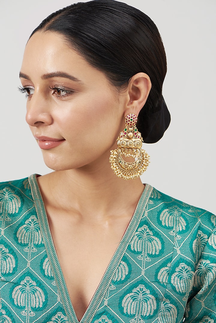 Gold Finish Kundan Polki & Pearl Chandbali Earrings by VASTRAA Jewellery at Pernia's Pop Up Shop