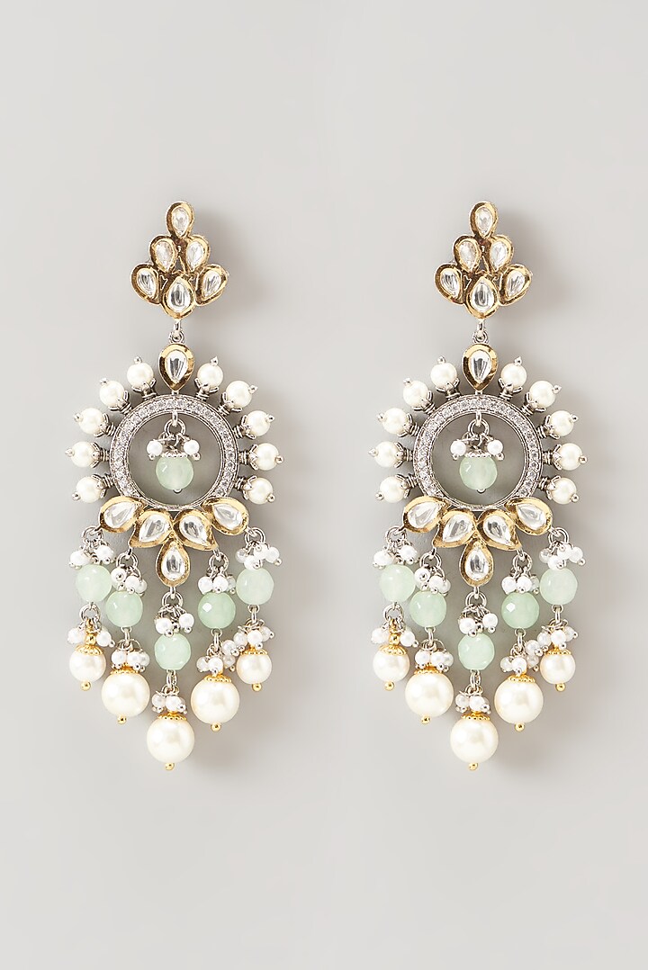 Two Tone Finish Kundan Polki & Pearl Chandbali Earrings by VASTRAA Jewellery at Pernia's Pop Up Shop