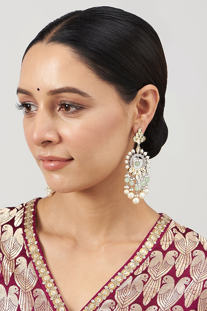 Two Tone Finish Kundan Polki & Pearl Chandbali Earrings by VASTRAA Jewellery