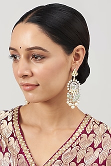 Two Tone Finish Kundan Polki & Pearl Chandbali Earrings by VASTRAA Jewellery-DESIGNER EARRINGS