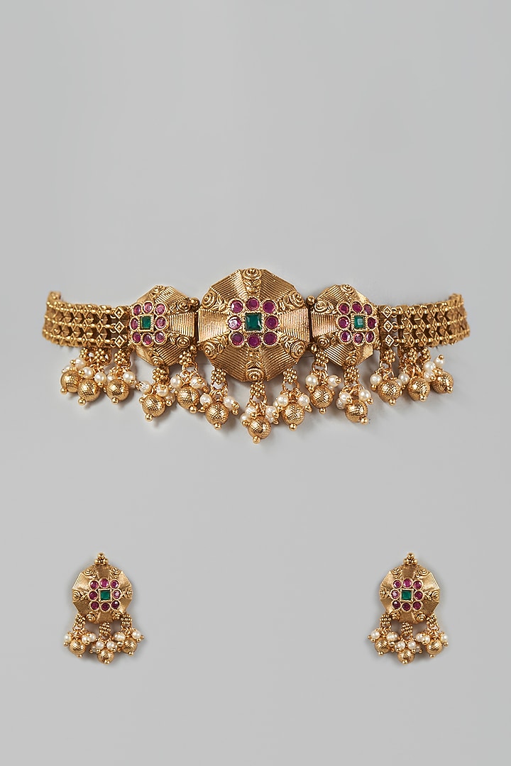 Gold Finish Synthetic Green & Red Stone Temple Choker Necklace Set by VASTRAA Jewellery at Pernia's Pop Up Shop