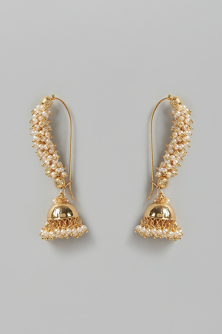 Gold Finish Pearl Temple Dangler Earrings by VASTRAA Jewellery at Pernia's Pop Up Shop
