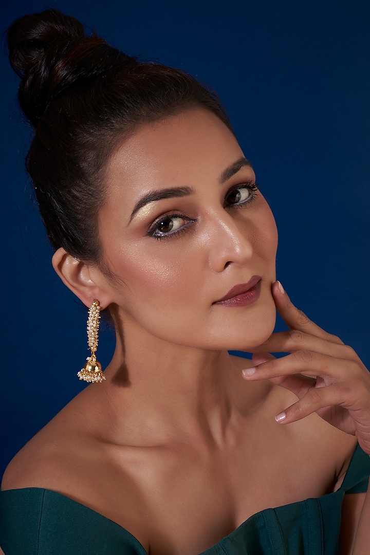 Gold Finish Pearl Temple Dangler Earrings by VASTRAA Jewellery at Pernia's Pop Up Shop