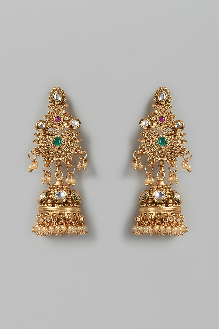 Gold Finish Pearl & Synthetic Stone Temple Dangler Earrings by VASTRAA Jewellery at Pernia's Pop Up Shop
