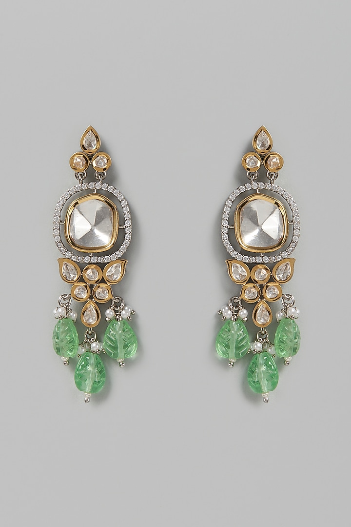 Two Tone Finish Kundan Polki & Green Synthetic Stone Dangler Earrings by VASTRAA Jewellery at Pernia's Pop Up Shop