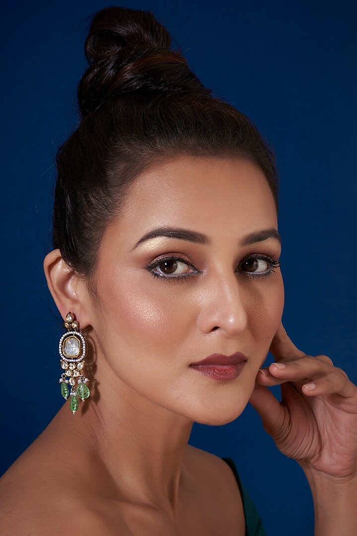 Two Tone Finish Kundan Polki & Green Synthetic Stone Dangler Earrings by VASTRAA Jewellery at Pernia's Pop Up Shop