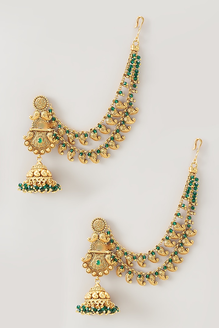 Gold Finish Kundan Polki & Synthetic Stone Temple Dangler Earrings by VASTRAA Jewellery at Pernia's Pop Up Shop