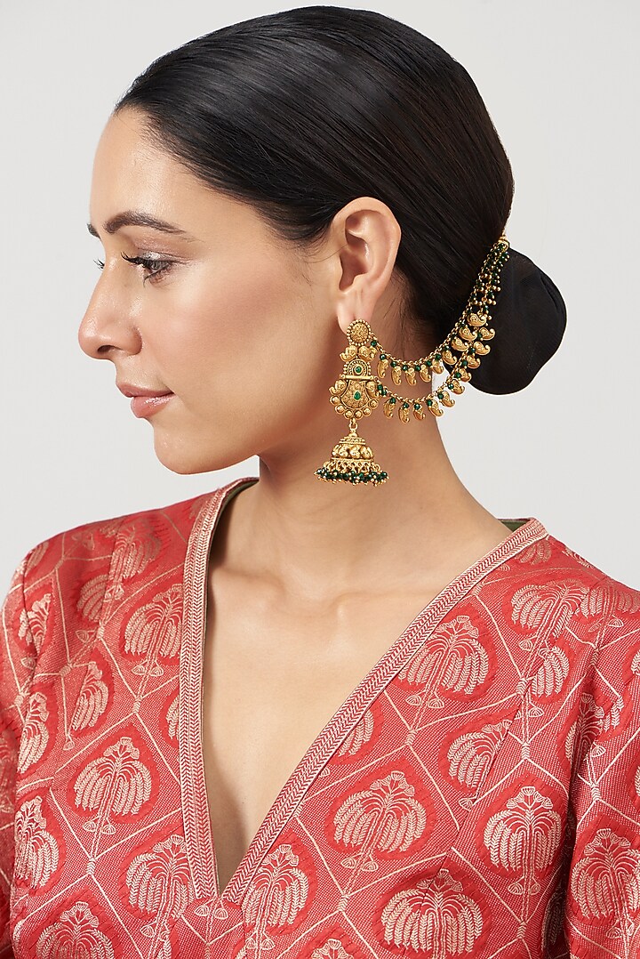 Gold Finish Kundan Polki & Synthetic Stone Temple Dangler Earrings by VASTRAA Jewellery at Pernia's Pop Up Shop
