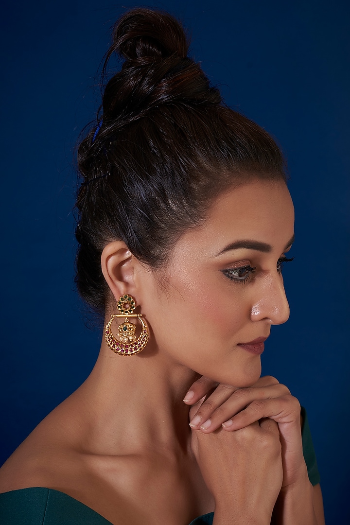 Gold Finish Red & Green Synthetic Stone Chandbali Earrings by VASTRAA Jewellery at Pernia's Pop Up Shop