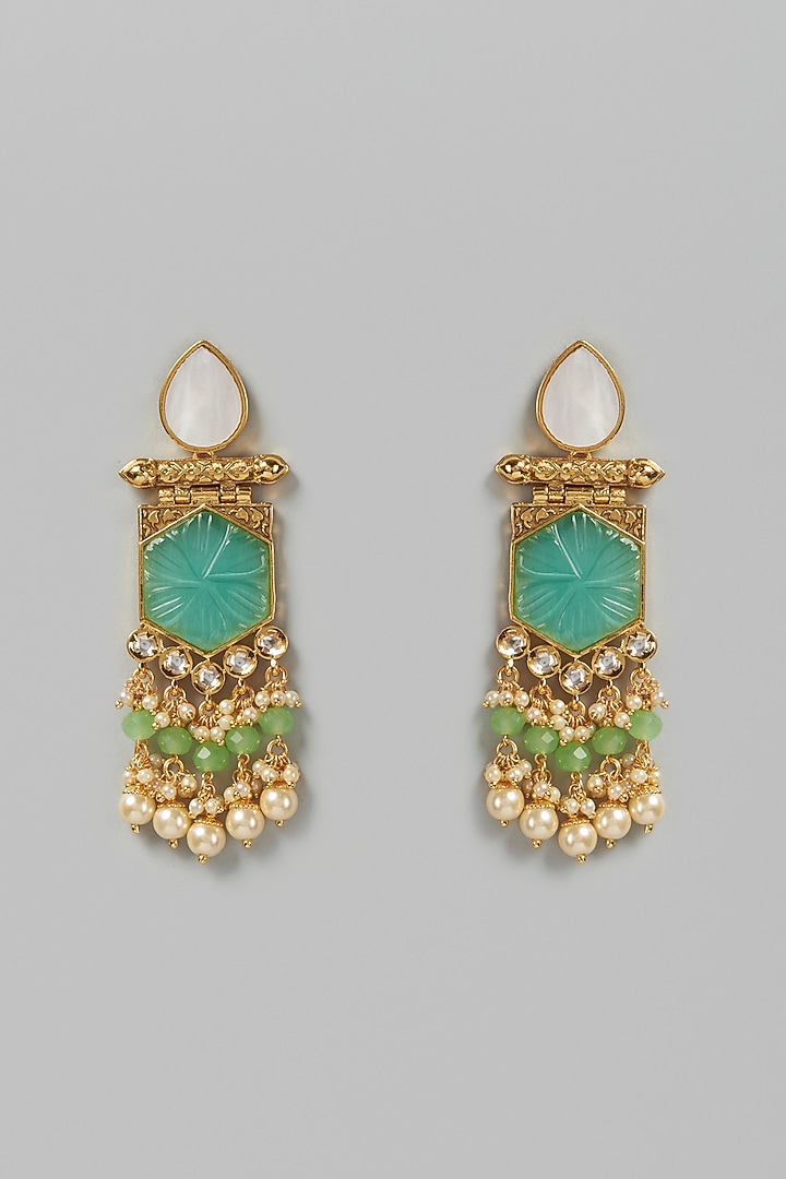 Gold Finish Synthetic Blue & Green Stone Dangler Earrings by VASTRAA Jewellery at Pernia's Pop Up Shop