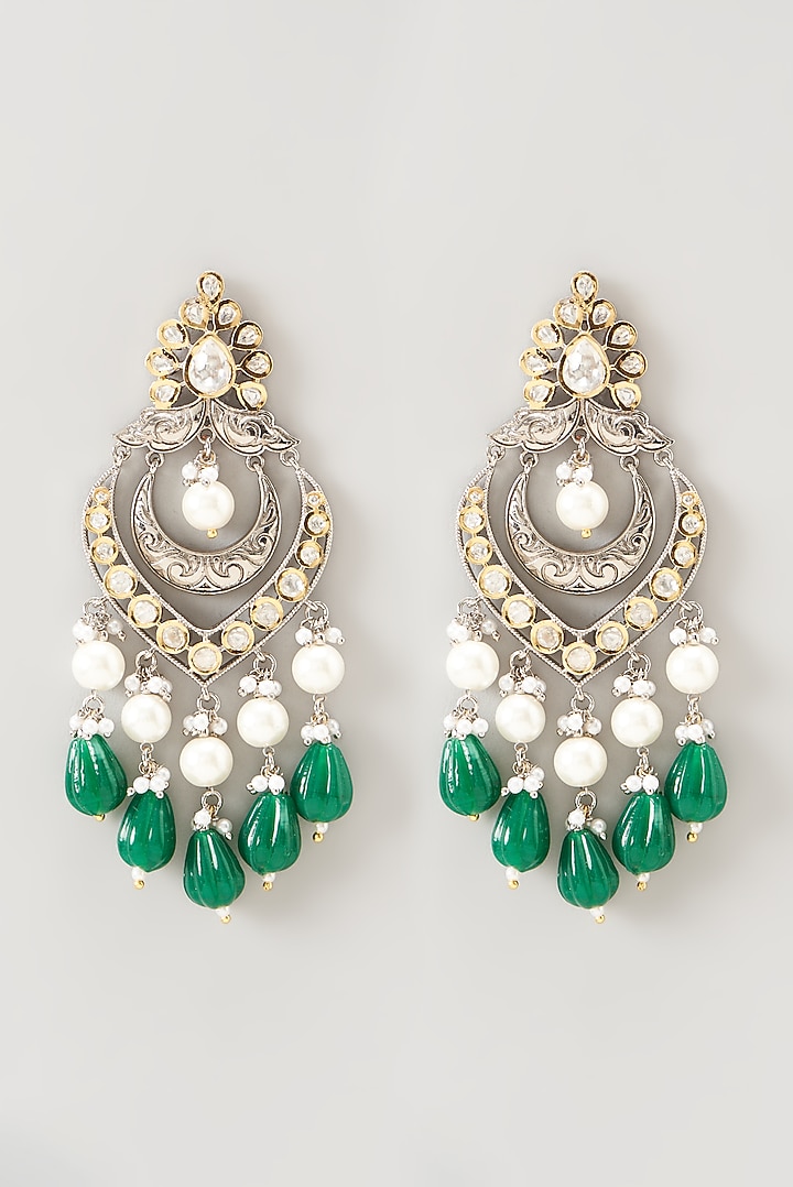 Two Tone Finish Kundan Polki & Green Synthetic Stone Dangler Earrings by VASTRAA Jewellery at Pernia's Pop Up Shop