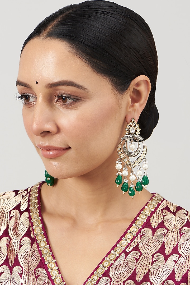 Two Tone Finish Kundan Polki & Green Synthetic Stone Dangler Earrings by VASTRAA Jewellery at Pernia's Pop Up Shop