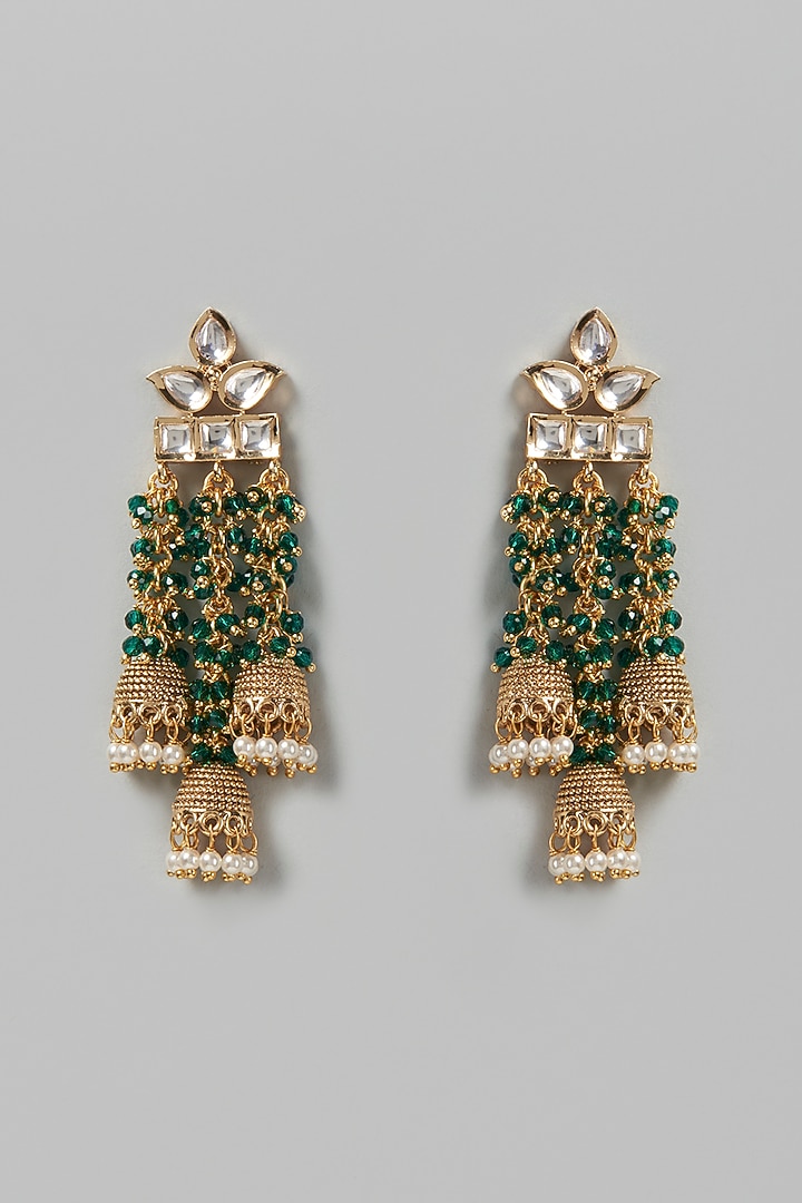 Gold Finish Kundan Polki & Green Synthetic Stone Dangler Earrings by VASTRAA Jewellery at Pernia's Pop Up Shop