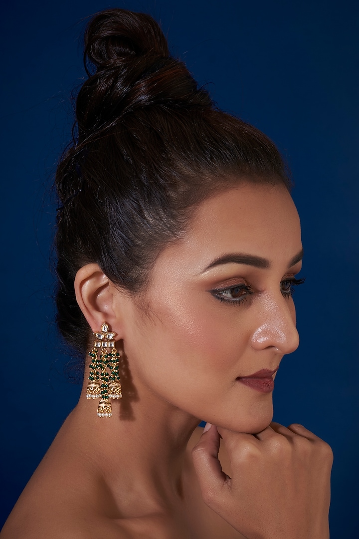 Gold Finish Kundan Polki & Green Synthetic Stone Dangler Earrings by VASTRAA Jewellery at Pernia's Pop Up Shop