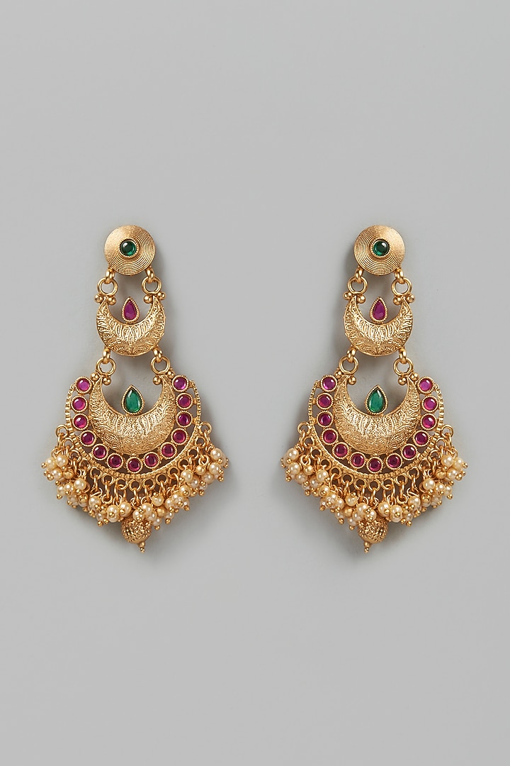 Gold Finish Red & Green Synthetic Stone Temple Chandbaali Earrings by VASTRAA Jewellery at Pernia's Pop Up Shop