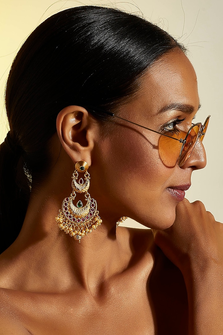 Gold Finish Red & Green Synthetic Stone Temple Chandbaali Earrings by VASTRAA Jewellery at Pernia's Pop Up Shop