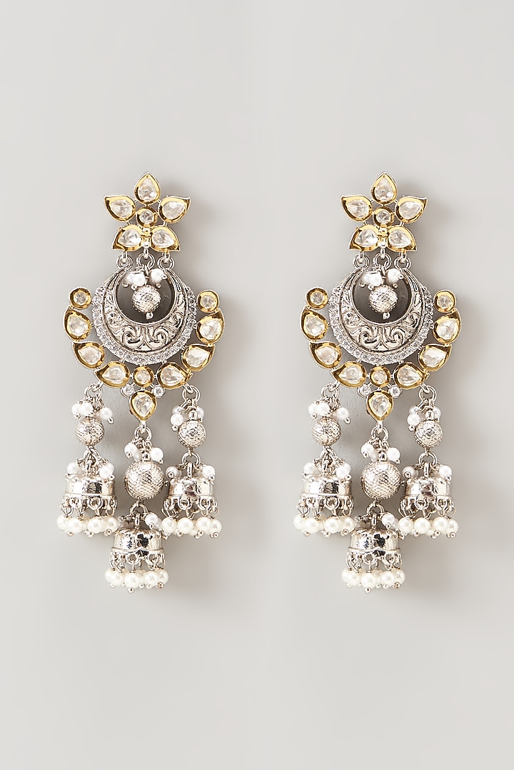 Two Tone Finish Kundan Polki & Pearl Dangler Earrings by VASTRAA Jewellery at Pernia's Pop Up Shop
