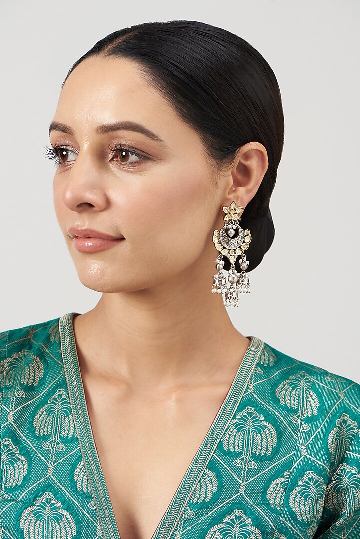 Two Tone Finish Kundan Polki & Pearl Dangler Earrings by VASTRAA Jewellery at Pernia's Pop Up Shop