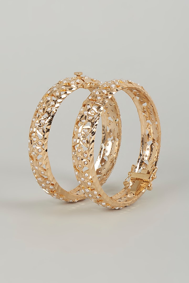 Gold Finish Kundan Polki & Beaded Bangles (Set of 2) by VASTRAA Jewellery at Pernia's Pop Up Shop