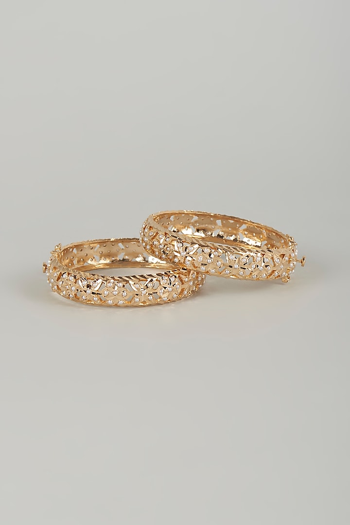 Gold Finish Kundan Polki & Beaded Bangles (Set of 2) by VASTRAA Jewellery