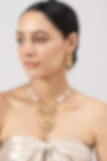 Gold Finish Kundan Polki & Pearl Long Temple Necklace Set by VASTRAA Jewellery
