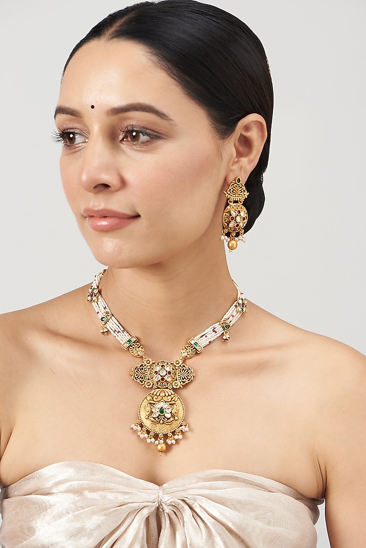 Gold Finish Kundan Polki & Pearl Long Temple Necklace Set by VASTRAA Jewellery