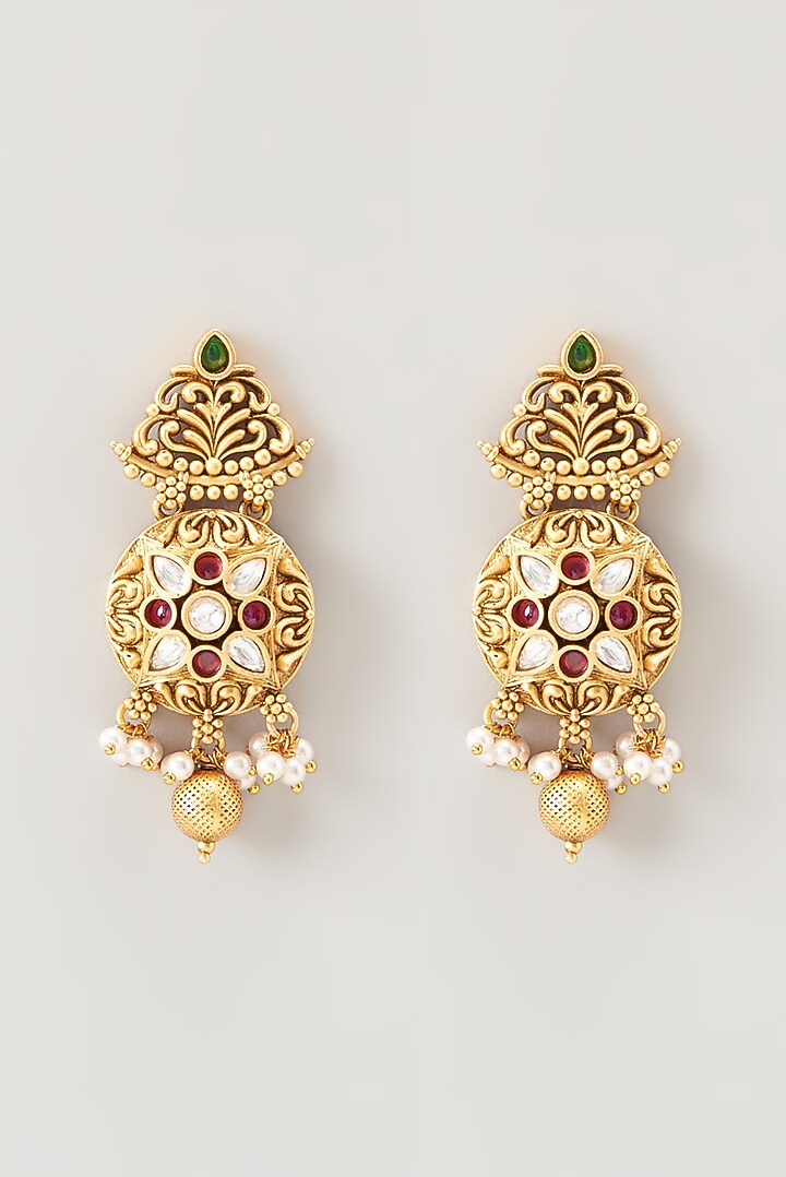 Gold Finish Kundan Polki & Pearl Long Temple Necklace Set by VASTRAA Jewellery at Pernia's Pop Up Shop