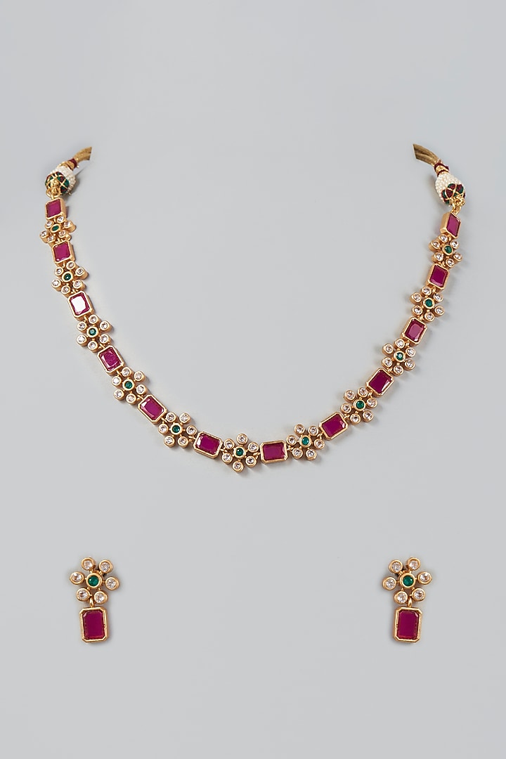 Gold Finish Kundan Polki & Red Synthetic Stone Necklace Set by VASTRAA Jewellery at Pernia's Pop Up Shop