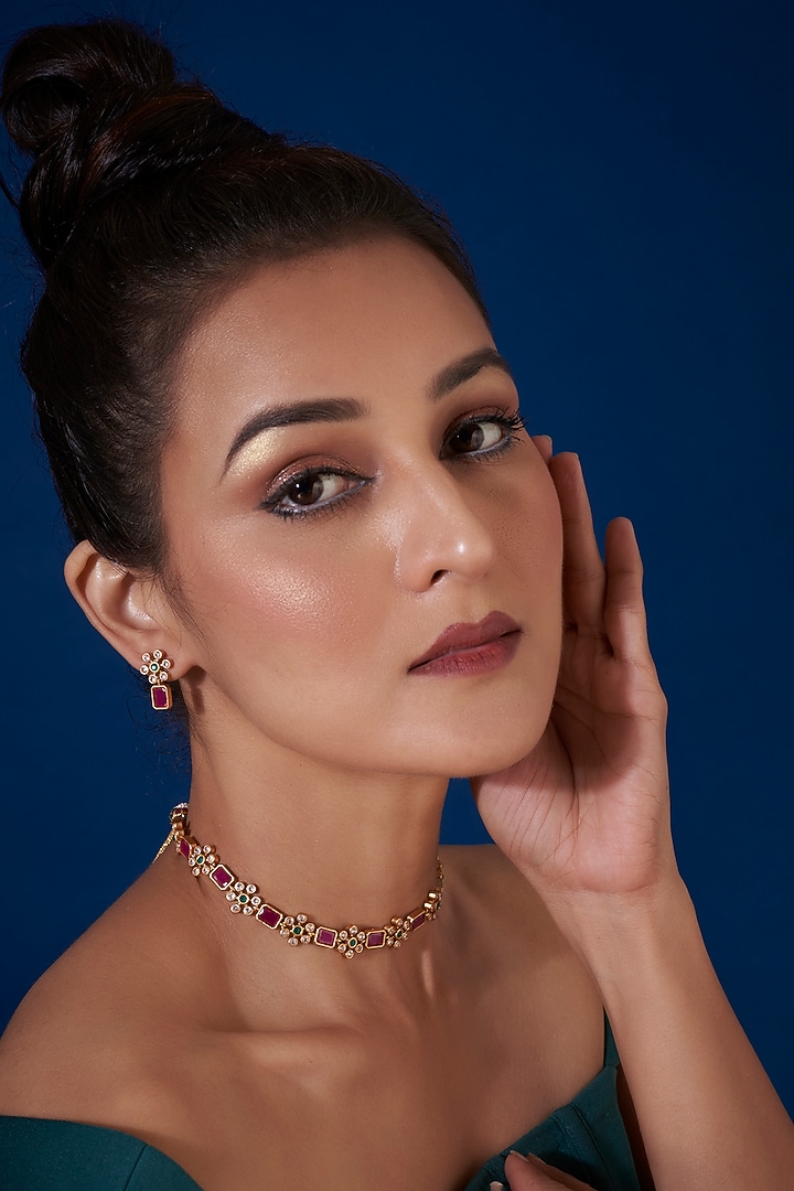 Gold Finish Kundan Polki & Red Synthetic Stone Necklace Set by VASTRAA Jewellery at Pernia's Pop Up Shop