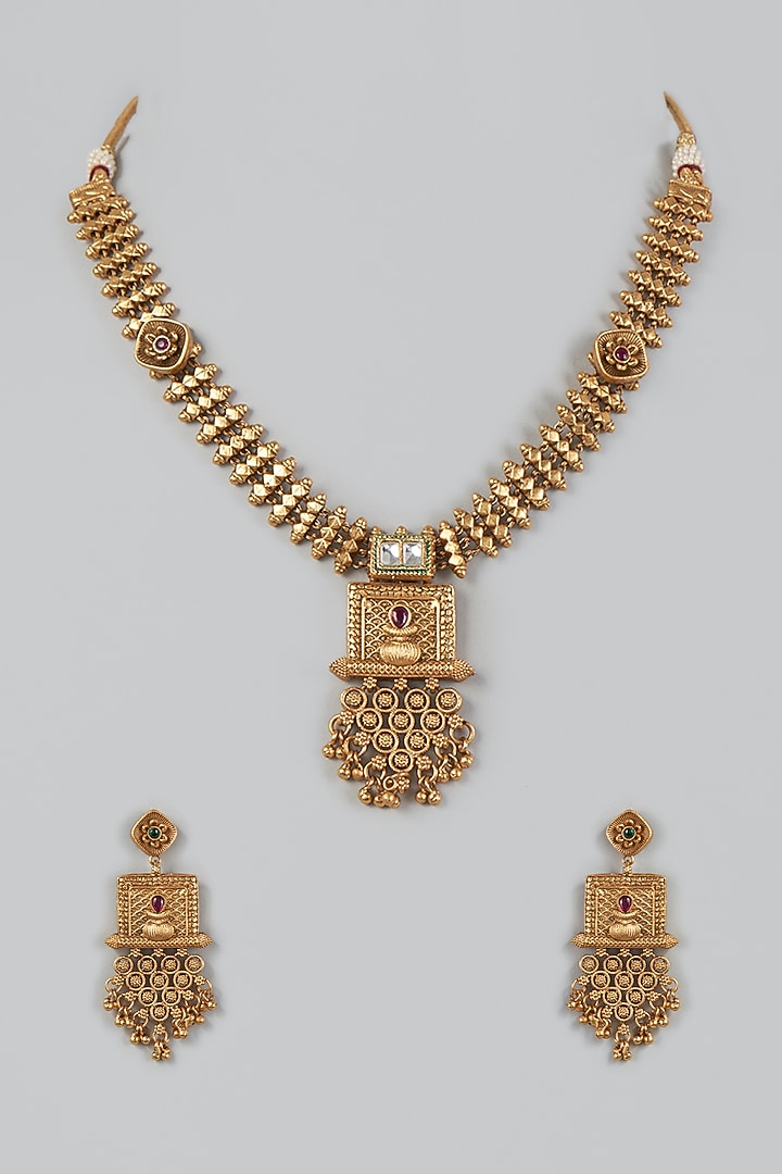 Gold Finish Temple Necklace Set by VASTRAA Jewellery at Pernia's Pop Up Shop