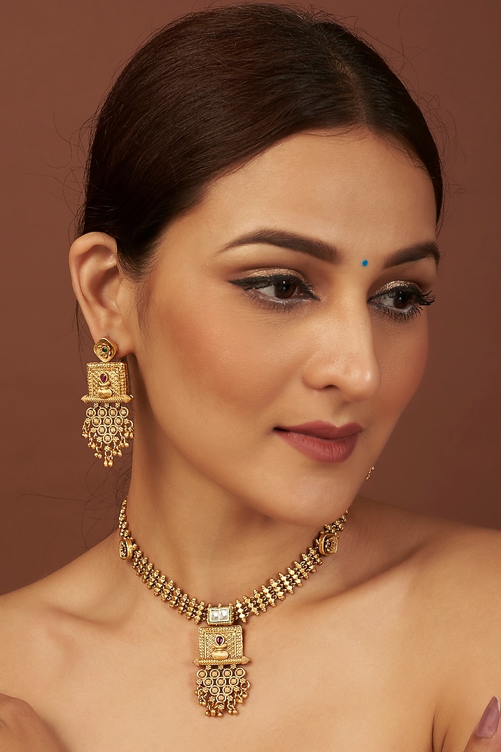 Gold Finish Temple Necklace Set by VASTRAA Jewellery at Pernia's Pop Up Shop