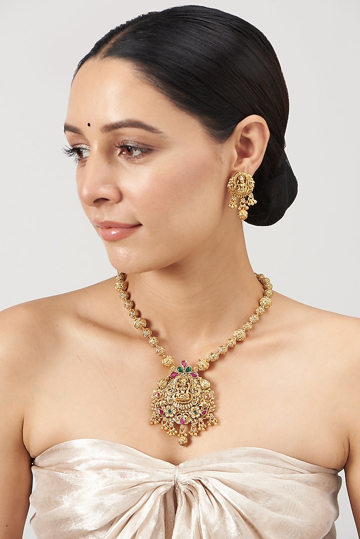 Gold Finish Synthetic Stone Temple Long Necklace Set by VASTRAA Jewellery