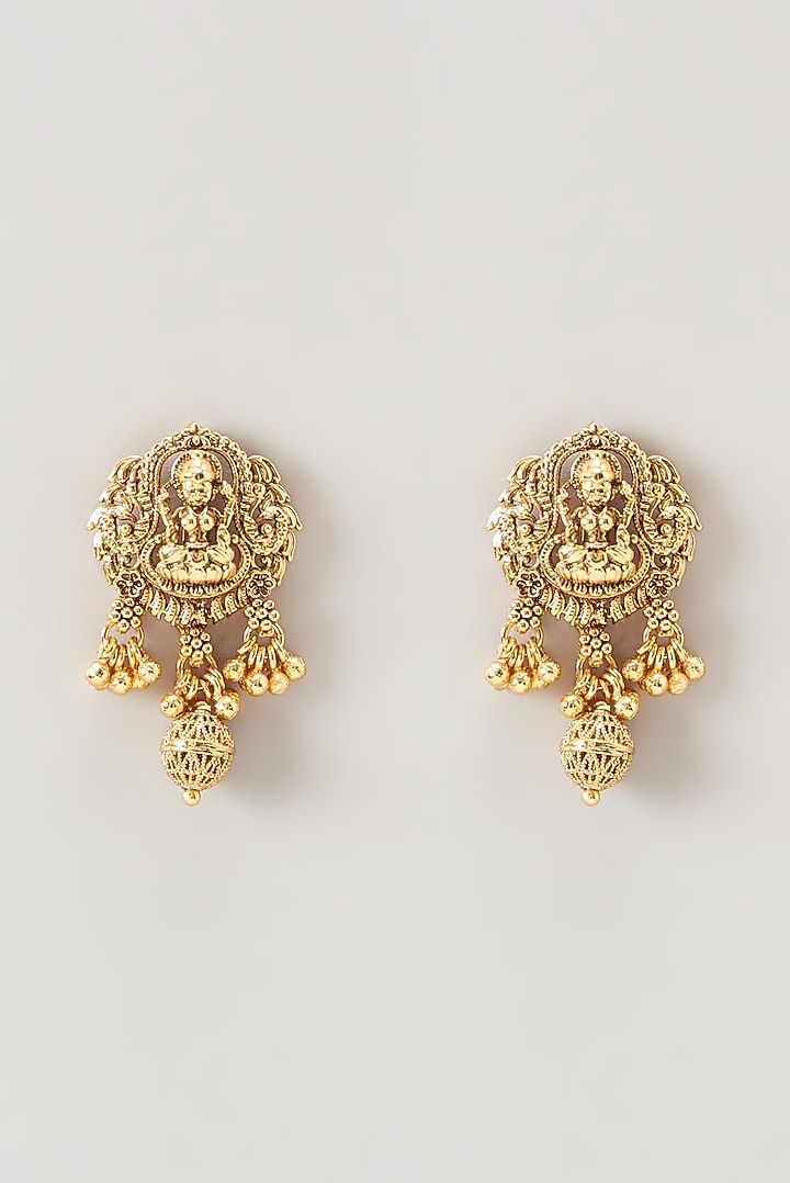 Gold Finish Synthetic Stone Temple Long Necklace Set by VASTRAA Jewellery at Pernia's Pop Up Shop
