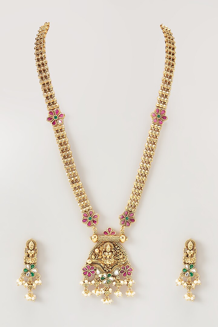 Gold Finish Ruby Synthetic Stone & Pearl Long Temple Necklace Set by VASTRAA Jewellery at Pernia's Pop Up Shop
