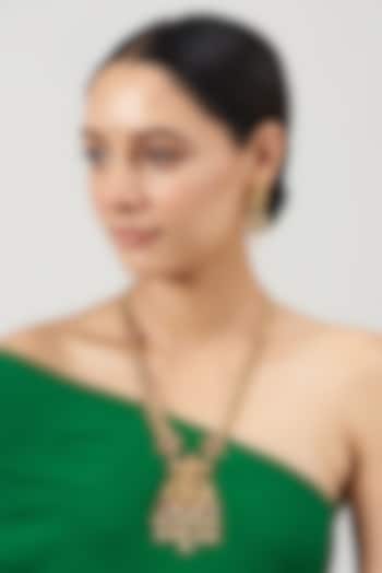 Gold Finish Ruby Synthetic Stone & Pearl Long Temple Necklace Set by VASTRAA Jewellery at Pernia's Pop Up Shop