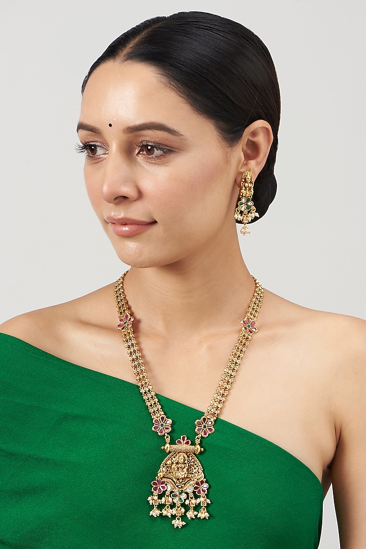 Gold Finish Ruby Synthetic Stone & Pearl Long Temple Necklace Set by VASTRAA Jewellery at Pernia's Pop Up Shop