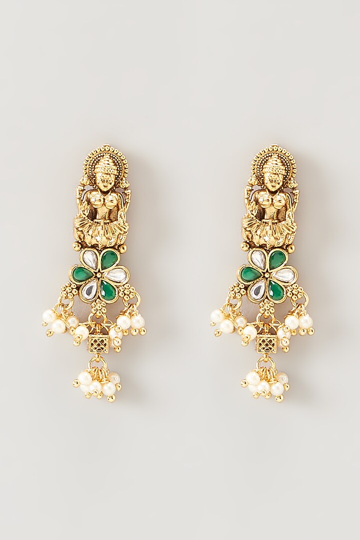 Gold Finish Ruby Synthetic Stone & Pearl Long Temple Necklace Set by VASTRAA Jewellery at Pernia's Pop Up Shop