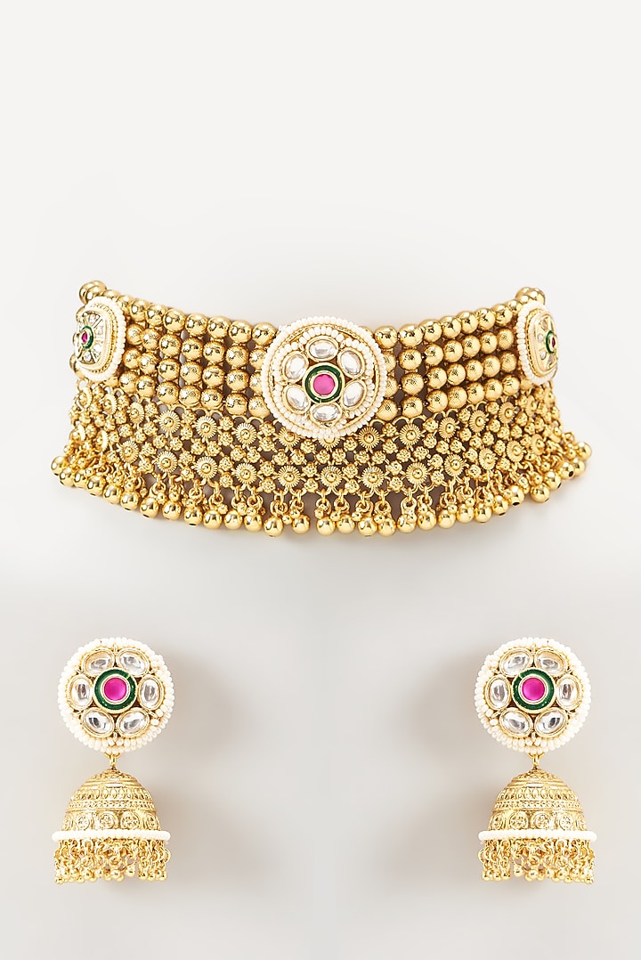 Gold Finish Kundan Polki & Beaded Choker Necklace Set by VASTRAA Jewellery at Pernia's Pop Up Shop