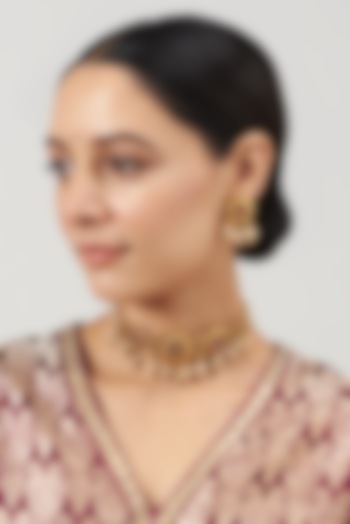 Gold Finish Ruby Synthetic Stone & Beaded Temple Choker Necklace Set by VASTRAA Jewellery at Pernia's Pop Up Shop