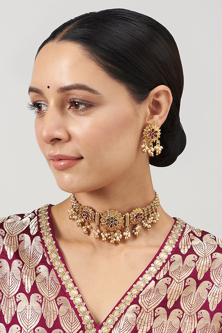 Gold Finish Ruby Synthetic Stone & Beaded Temple Choker Necklace Set by VASTRAA Jewellery