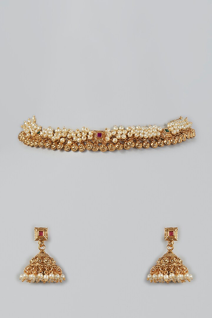 Gold Finish Synthetic Red Stone & Pearl Temple Choker Necklace Set by VASTRAA Jewellery at Pernia's Pop Up Shop