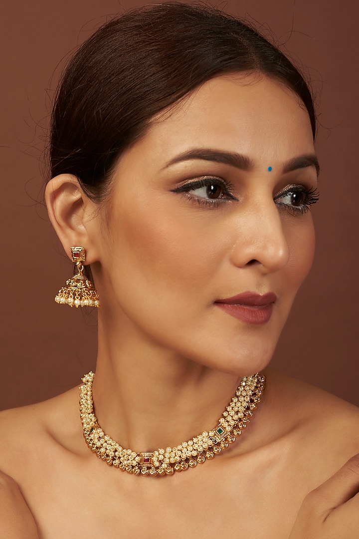 Gold Finish Synthetic Red Stone & Pearl Temple Choker Necklace Set by VASTRAA Jewellery at Pernia's Pop Up Shop