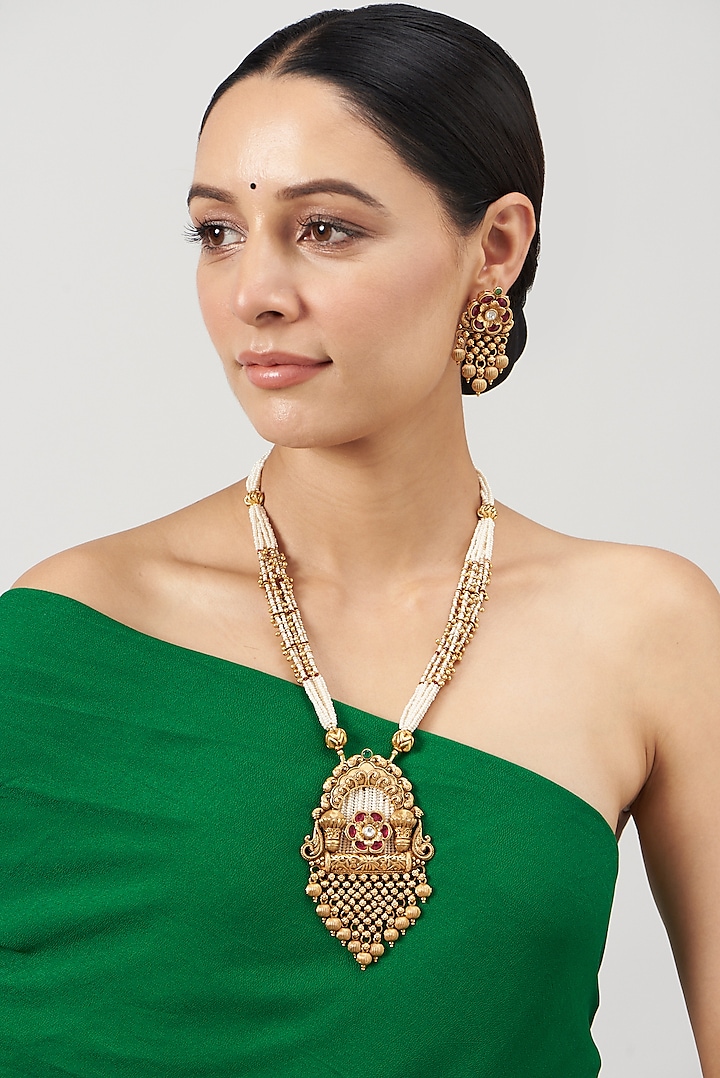 Gold Finish Pearl Beaded Long Temple Necklace Set by VASTRAA Jewellery