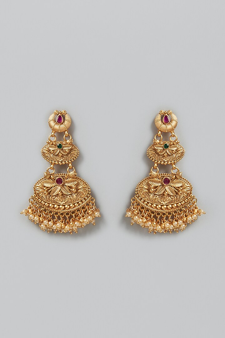 Gold Finish Synthetic Red & Green Stone Temple Dangler Earrings by VASTRAA Jewellery at Pernia's Pop Up Shop