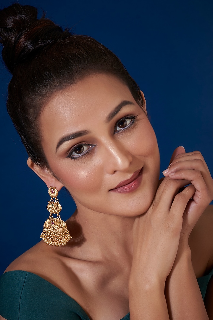 Gold Finish Synthetic Red & Green Stone Temple Dangler Earrings by VASTRAA Jewellery at Pernia's Pop Up Shop