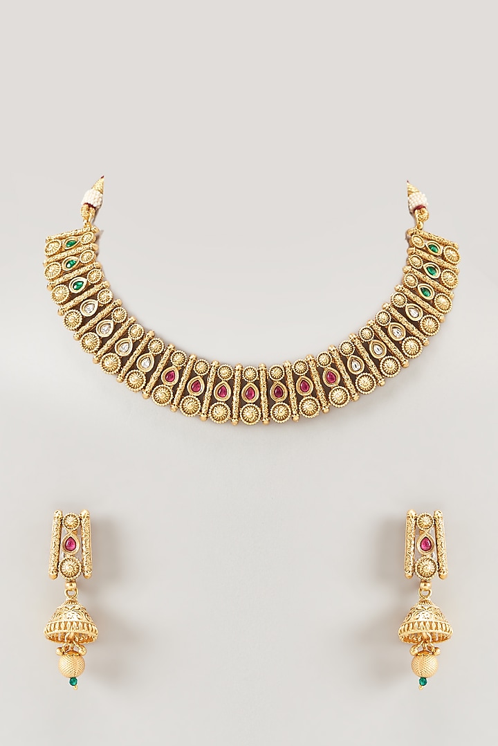 Gold Finish Ruby Stone Temple Necklace Set by VASTRAA Jewellery at Pernia's Pop Up Shop