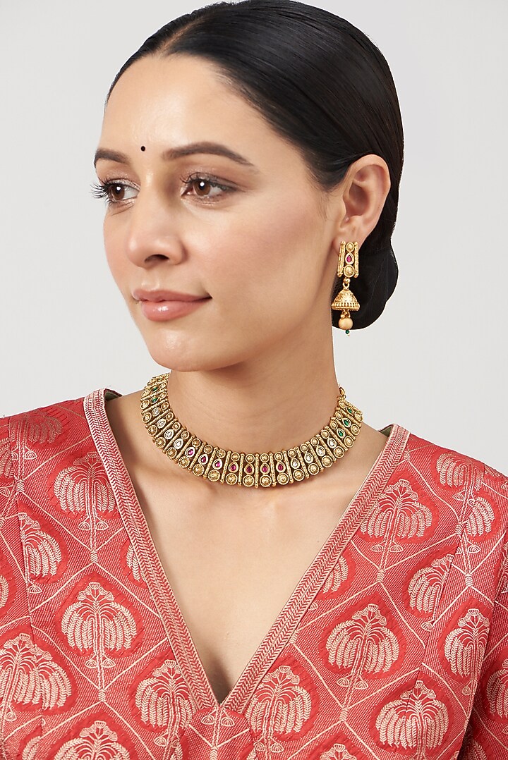 Gold Finish Ruby Stone Temple Necklace Set by VASTRAA Jewellery at Pernia's Pop Up Shop