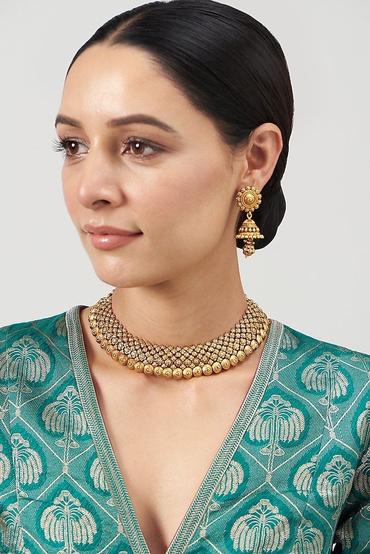 Gold Finish Golden Beaded Temple Choker Necklace Set by VASTRAA Jewellery